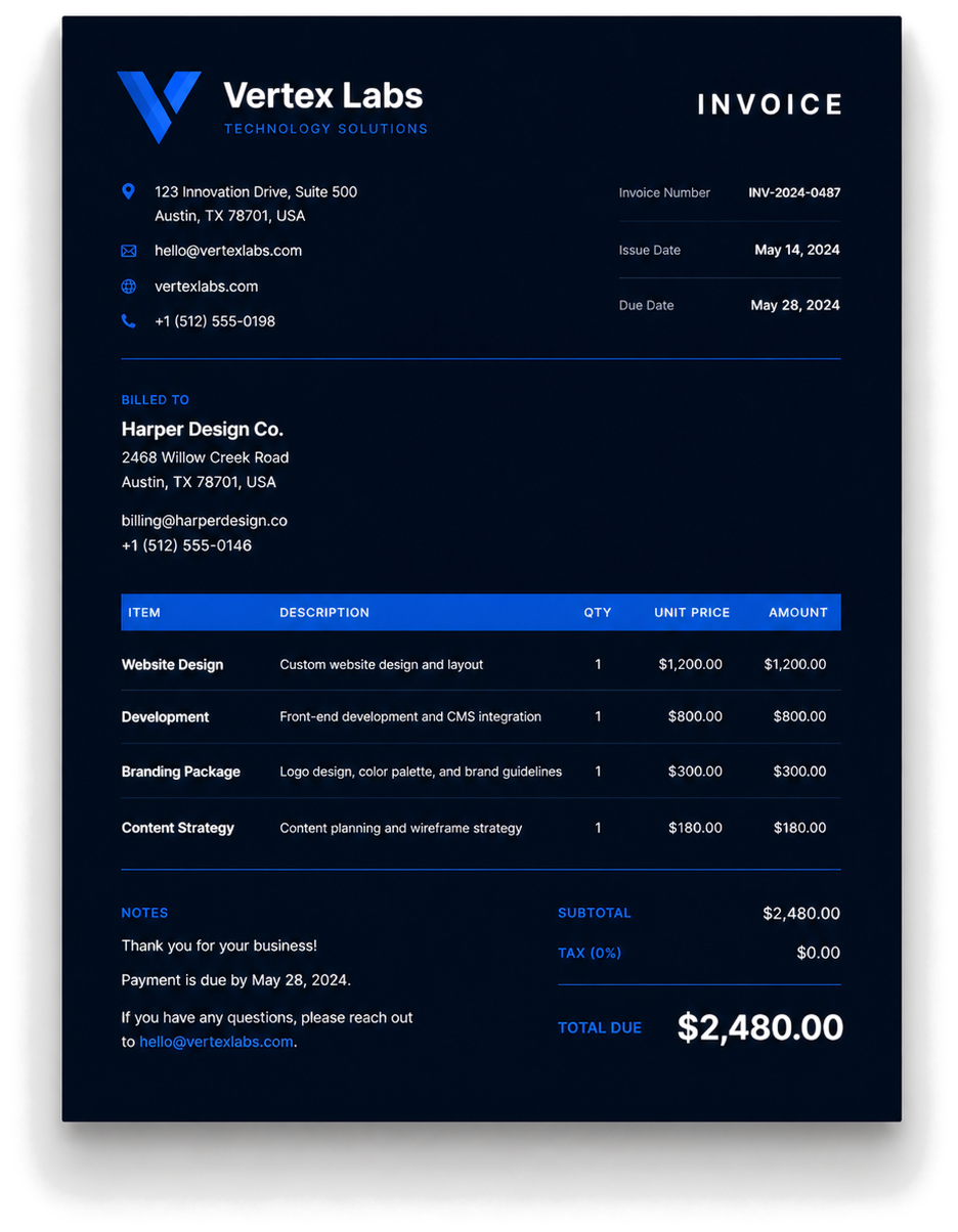 Bold Dark invoice template preview