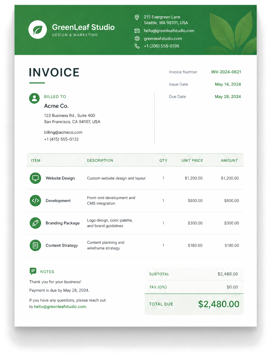 Modern Green invoice template preview